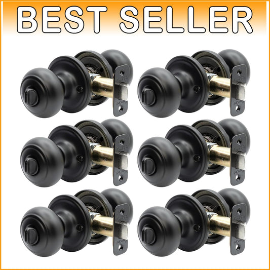 6-Pack Matte Black Round Colonial Door Knobs with Privacy Locking Function