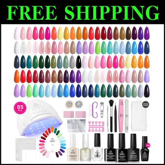Beetles 85 Pcs Gel Nail Polish Kit with UV Light - 55 Colors for Home Manicure