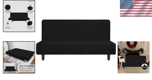 Elegant Black Armless Futon Slipcover - Stretchy Jacquard Fabric Protector