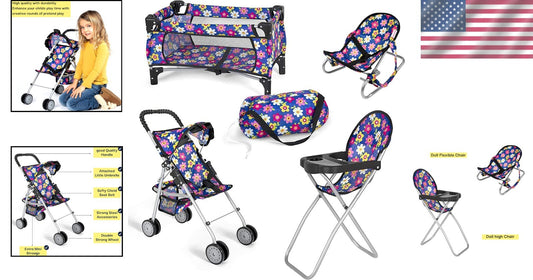Toddler-Friendly 4 Piece Baby Doll Set - Interactive Stroller, High Chair & More