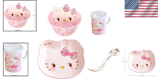 Durable Pink Hello Kitty Dinnerware Set – Bowl, Plate, Cup & Spoon for Kids