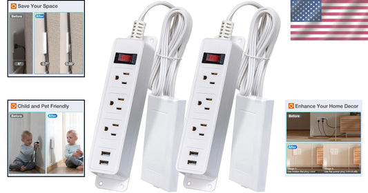 Space-Saving 6FT Power Strip with 3 Outlets, 2 USB Ports, & Safety Clips - 2Pack