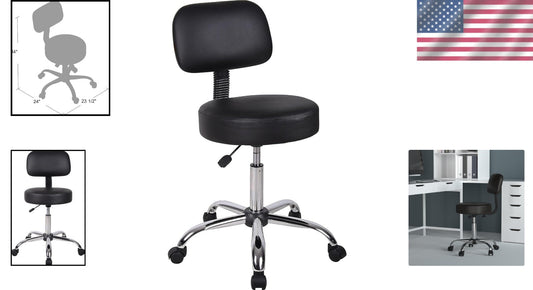 Ergonomic Black Vinyl Medical Spa Stool with Back Cushion & Adjustable Height