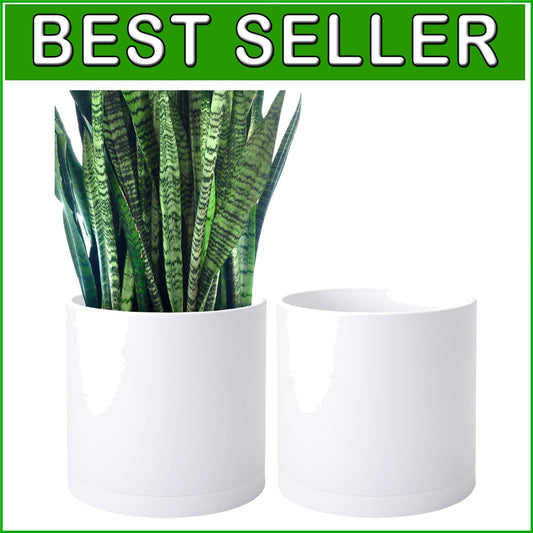 Elegant 14 Inch Cylindrical Plastic Planters with Drainage Holes & Saucer Set