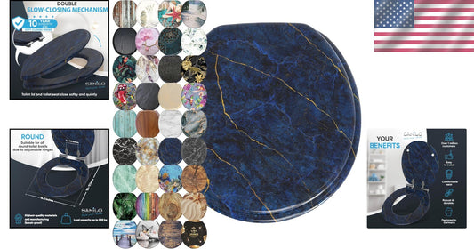Elegant Soft Close Toilet Seat with Marble Dark Blue Design - Adjustable Fit