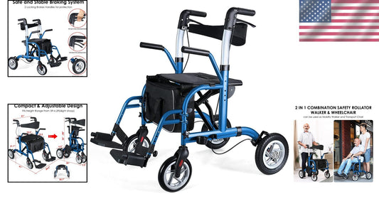 Folding 2 in 1 Rollator Walker with Seat - Durable Aluminum, Adjustable Height