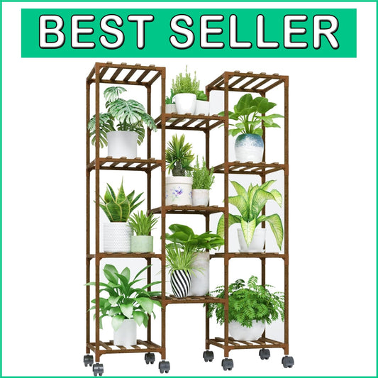 Carbonized Wood Plant Stand with Wheels - Holds 11-25 Pots for Versatile Display