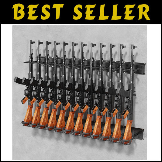 Heavy-Duty 12-Slot Adjustable Gun Rack – Artful Display for Firearm Enthusiasts