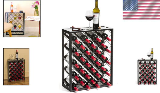 Modern Free-Standing Wine Rack with Tempered Glass Top - Holds 32 Bottles