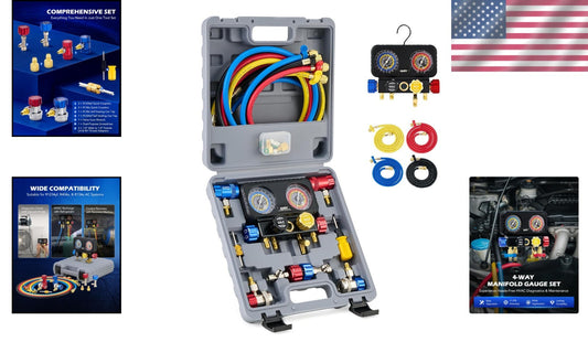4-Way R1234yf AC Gauge Set with Hoses & Quick Couplers for Precision HVAC Care