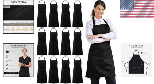 Unisex 100% Cotton Bib Aprons - Bulk 12 Pack with Large Pockets for Kitchen Use