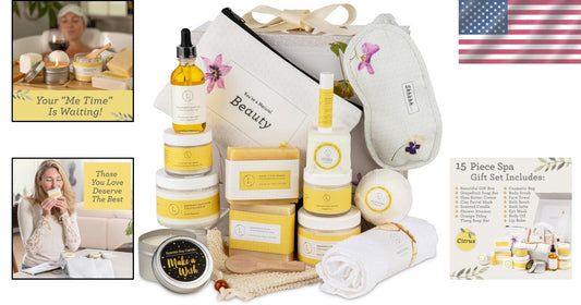 Elegant Citrus Spa Gift Basket - 15-Piece Women’s Self-Care Kit for Relaxation