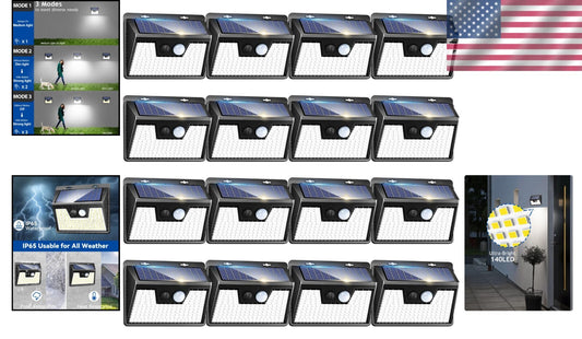 16 Pack Solar Powered Motion Sensor Lights, 140 LEDs - IP65 Waterproof Security