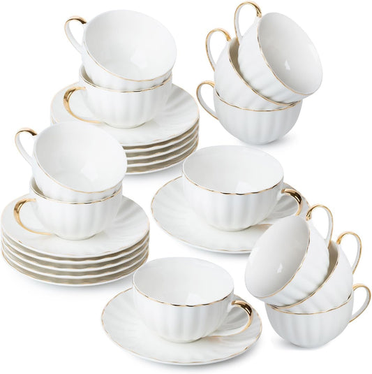 Premium 12-Cup Porcelain Tea Cup Set with Gold Accent - Perfect for Tea Lovers