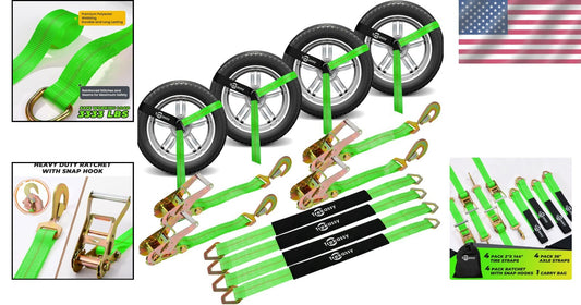 All-in-One Car Tie Down Strap Kit - 10K Break Strength, 4 Ratchet & Axle Straps