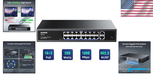 Unmanaged 18-Port PoE Ethernet Switch - 2 Uplink Gigabit Ports & VLAN Support