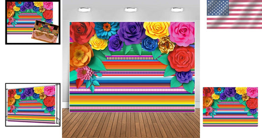 Fiesta Themed Party Backdrop - 10'x8' Mexican Striped Decor with Paper Flowers