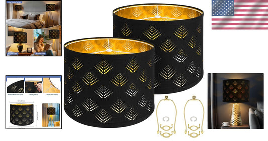 Stylish Black Drum Lampshades with Leaf Pattern - 13"x10" Easy Install Set of 2