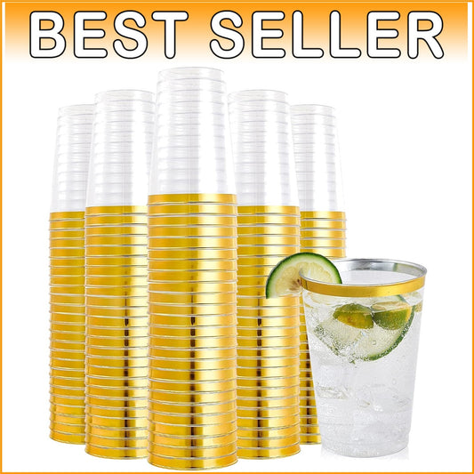 200 Pack 12 oz Gold Rimmed Plastic Cups – Fancy Disposable Tumblers for Parties