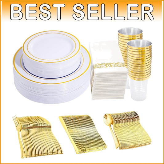Elegant 350-Piece Gold Plastic Dinnerware Set for 50 Guests - Complete Party Kit