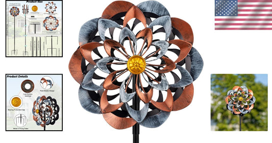 Elegant 360° Metal Wind Spinner Kinetic Garden Sculpture - Gray & Bronze 13 Inch