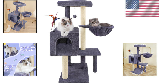 35.4'' Multifunction Cat Tree with Cozy Condo, Hammock & Scratching Post in Grey