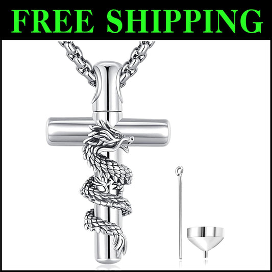 Elegant S925 Sterling Silver Dragon Cross Urn Necklace for Ashes Keepsake
