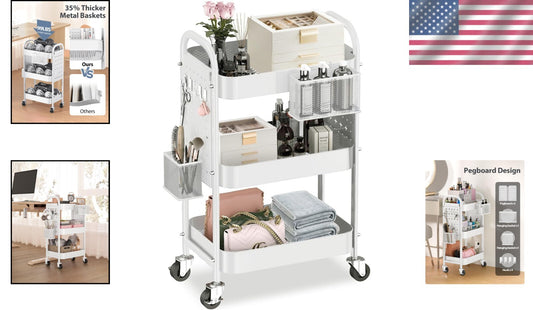 Durable 3-Tier Rolling Cart with Baskets & Hooks - Easy Assembly Required