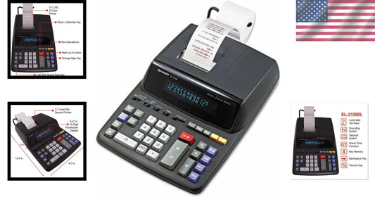 Efficient 12-Digit Printing Calculator with Blue Fluorescent Display in Black