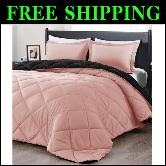 Stylish All-Season 3-Piece King Comforter Set - Pink & Black Reversible Design