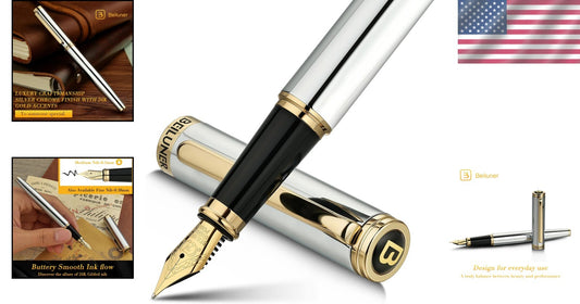 Elegant Silver Chrome Fountain Pen with Gilded Nib - Complete Set Included