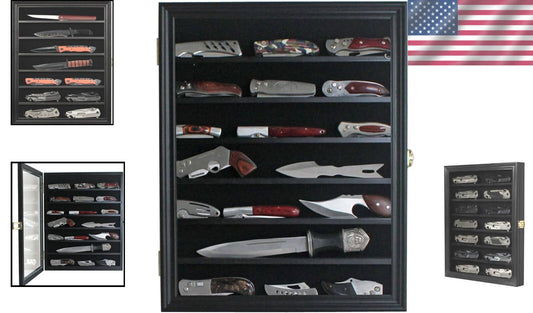 Elegant Black Knife Shadow Box - 7 Shelf Wall-Mount Display Case for Collectors
