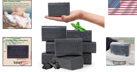 All-Natural African Black Soap with Charcoal & Peppermint - 6.6 oz Bar, 8-Pack