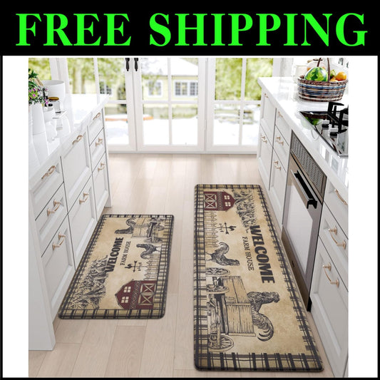 Vintage Rooster Kitchen Mats Set: Waterproof, Non-Slip Anti-Fatigue Runner