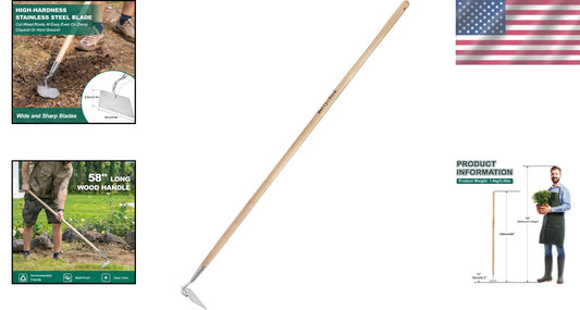 58-Inch Ergonomic Flat Edge Garden Hoe - Durable Stainless Steel Weeder Tool
