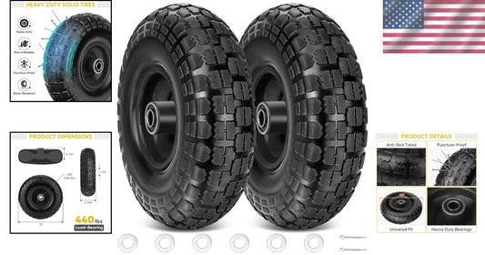 Smooth Rolling 13" Black Solid Tires - 2 Pack, Ideal for Wheelbarrows & Carts