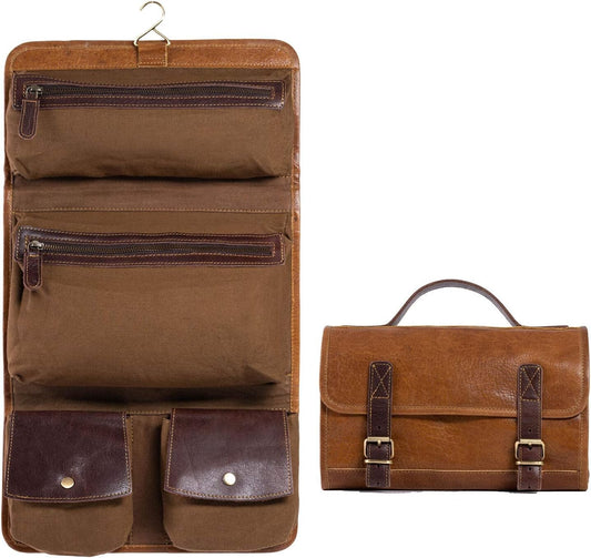 Full Grain Buffalo Leather Travel Dopp Kit with Water-Resistant Pockets