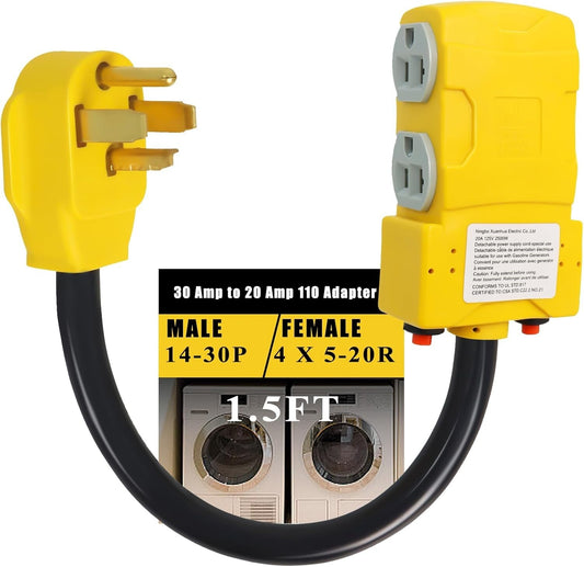 220V to 110V 4-Prong Dryer Distribution Adapter with 2 Circuit Breakers