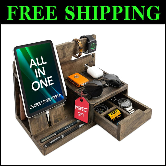 Elegant Rustic Gray Nightstand Organizer - Functional Dock for Phone & Wallet