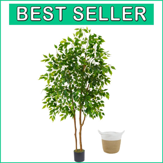Faux Ficus Tree with Basket: 6ft Indoor & Outdoor Plant for All Seasons