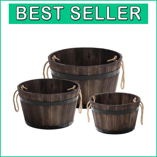 Durable Outdoor Acacia Wood Barrel Planters - Set of 3 with Drainage Holes