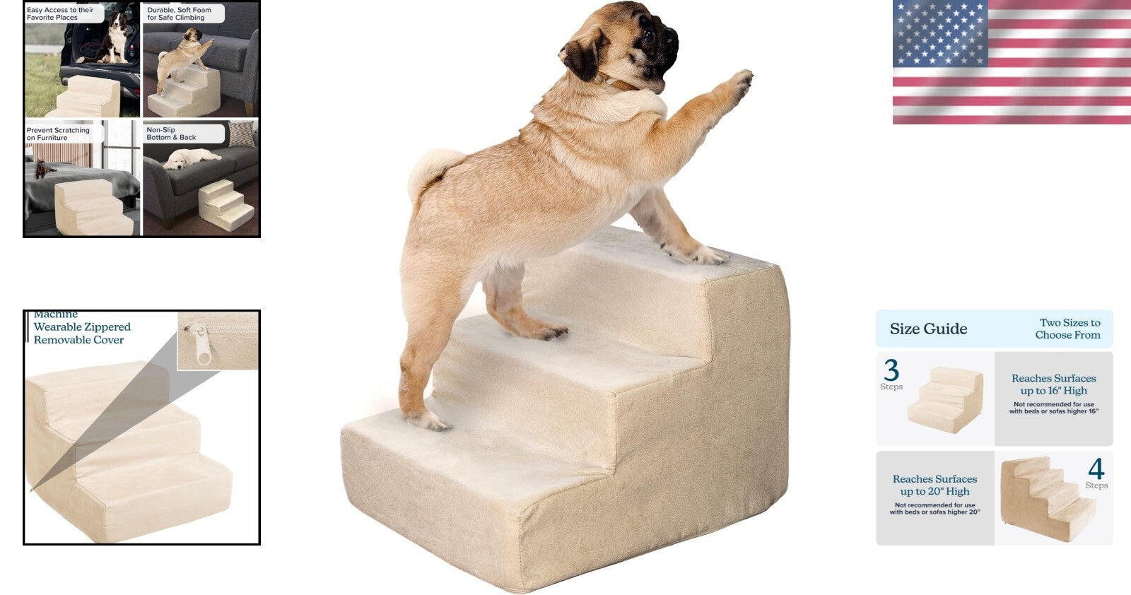 Non-Slip 3-Step Pet Stairs with Machine Washable Cover - Supports 25lbs