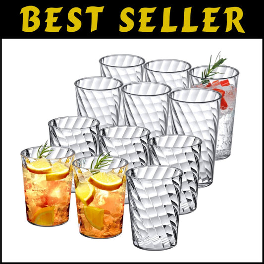 12-Pack All-Clear Plastic Drinking Glasses - Shatter-Proof & Dishwasher Safe