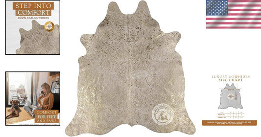Large Metallic Gold On Off White Cowhide Area Rug - Unique 6x8 Ft. Animal Shape