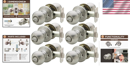 Robust Satin Stainless Privacy Door Knob Set - Keyless & Easy to Install, 6-Pack