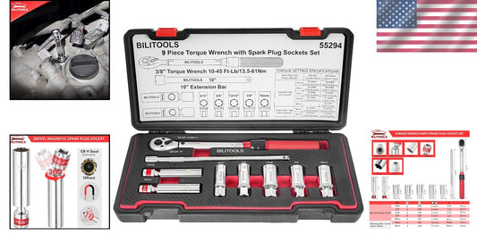 Precision 9-Piece Spark Plug Socket Set with Chrome Vanadium Click Torque Wrench