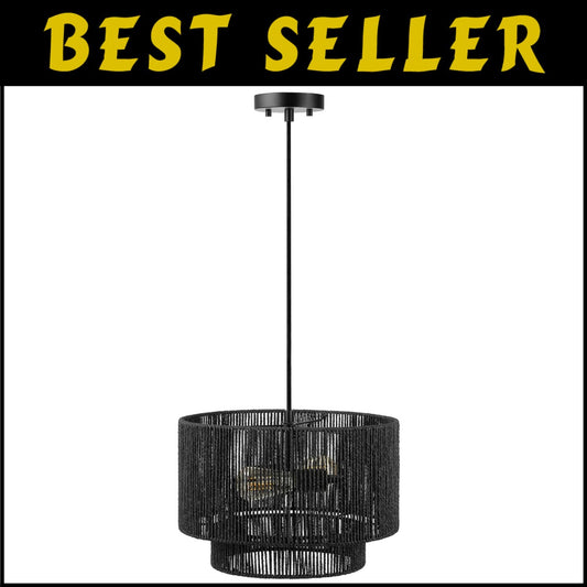 Dimmable 2-Light Pendant Light in Matte Black with Elegant Paper Twine Shade