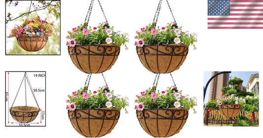 Stylish Set of 4 14" Hanging Planters with Coco Fiber - Ideal for Outdoors