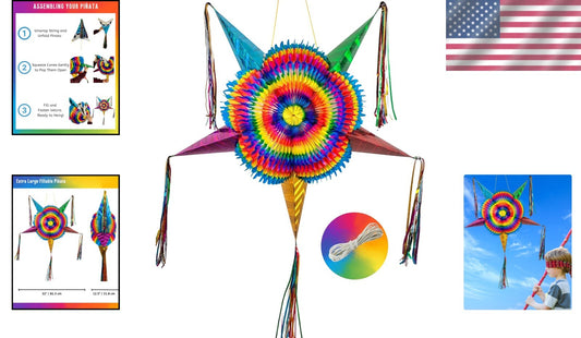 Authentic Handmade Rainbow Piñata - 32" Star Design with 30-ft Rope for Parties