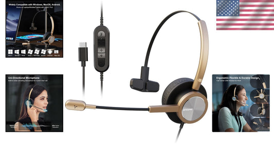 Versatile Golden USB Type-C Headset for Laptops & Mobile with Mute Function